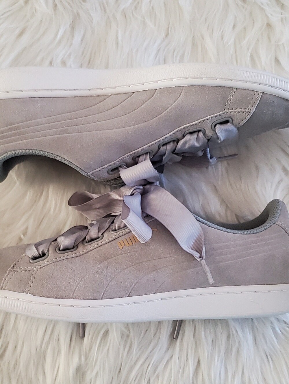 PUMA Vikky Ribbon Suede Sneakers Gray Satin Lace SoftFoam+ Women's Size 10 - Picture 4 of 11